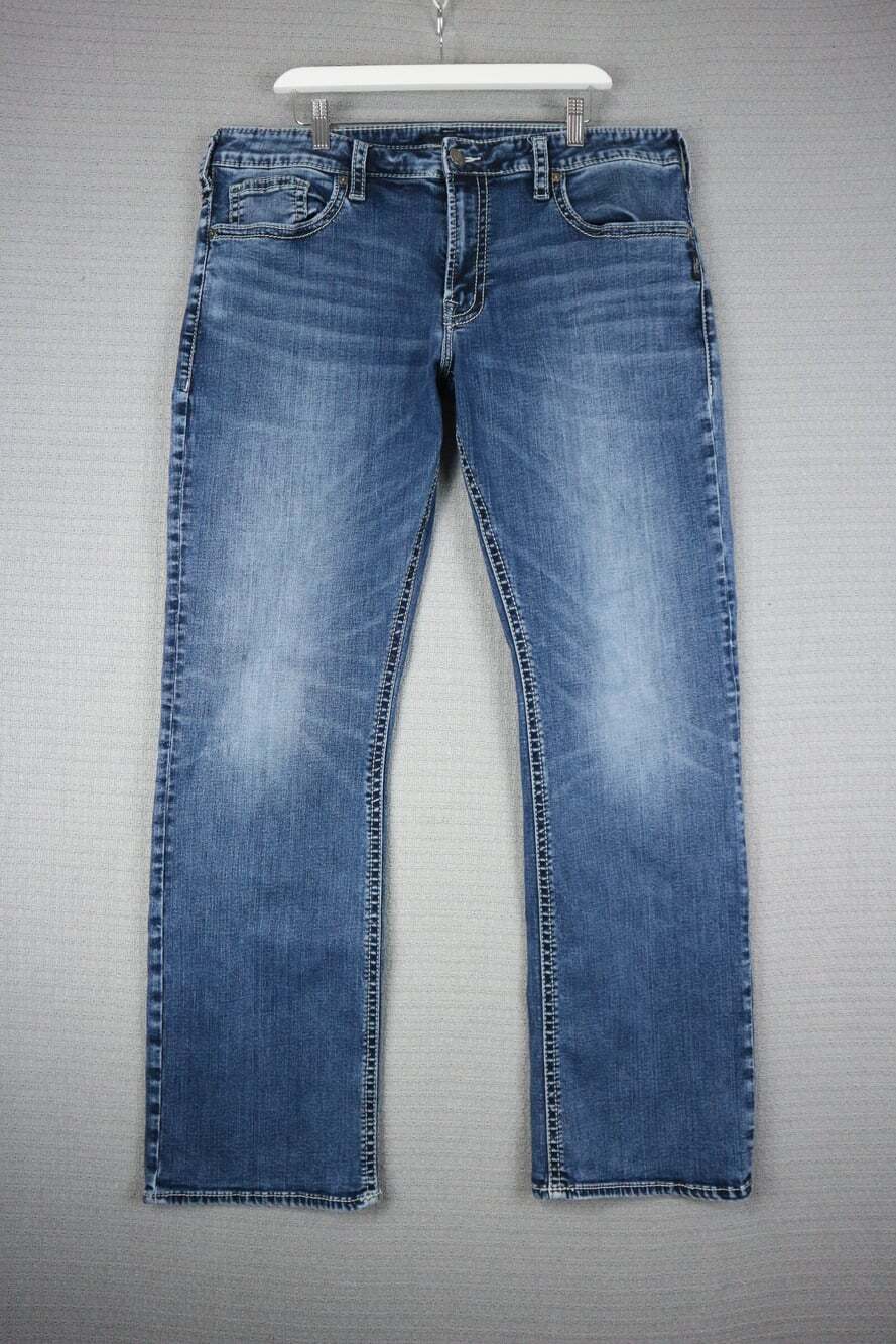 Silver Jeans Co. Men's Medium Wash Straight Leg Jeans Contrast Stitch Zac 38x34